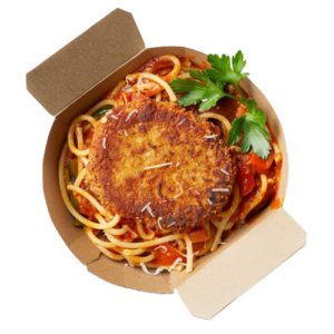 Meat cutlets with pasta and gravy